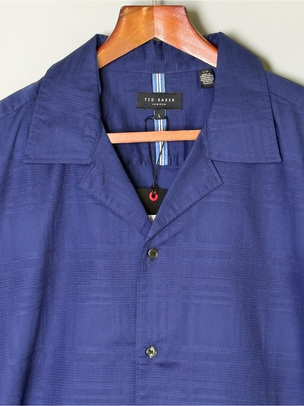 NWT Ted Baker Textured Camp Shirt Midnight Sail Navy Blue Plaid Size L - Picture 2 of 15